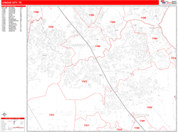 League City Wall Map Zip Code Red Line Style 2024